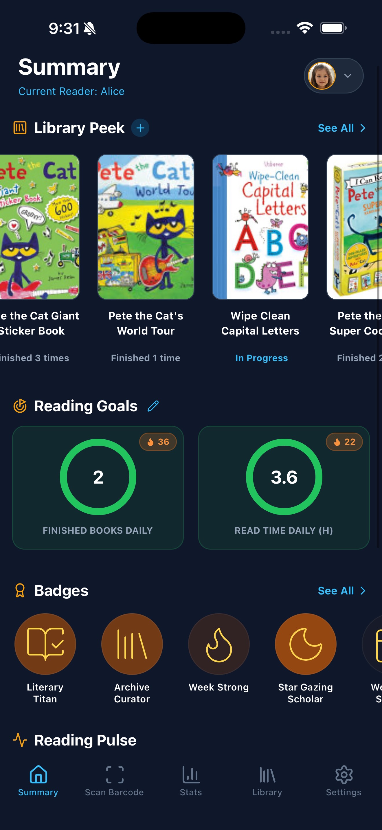 StoryKeeper app screen showing the family book tracker